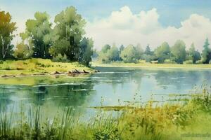 tranquil summer scenery a watercolor painting of photo