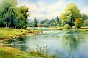 tranquil summer scenery a watercolor painting of photo