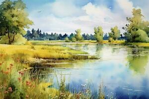 tranquil summer scenery a watercolor painting of photo