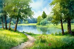 tranquil summer scenery a watercolor painting of photo