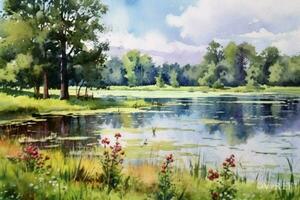 tranquil summer scenery a watercolor painting of photo