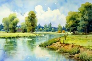 tranquil summer scenery a watercolor painting of photo