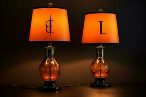 two orange and black lamps with the word photo