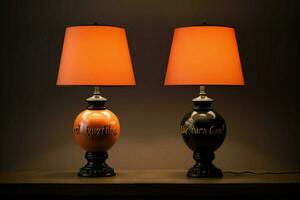 two orange and black lamps with the word photo