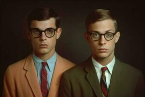 two men wearing glasses one wearing a tie and the photo