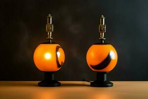 two orange and black lamps with the word photo