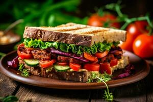 vegan sandwich stuffed with fresh vegetables perf photo