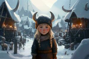 vikingo linda niña nieve asentamiento foto