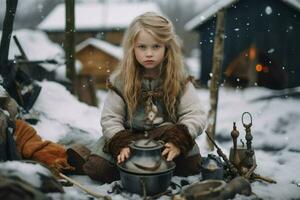 vikingo niño niña nieve asentamiento foto