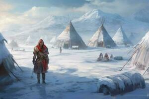 viking woman field snow settlement photo