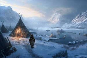 viking person snow settlement photo