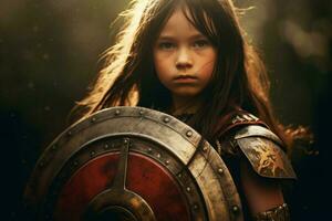 warrior child girl shield gaming fictional world photo