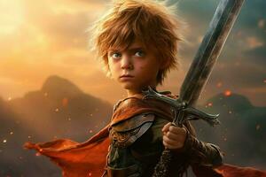 warrior child sword gaming fictional world photo