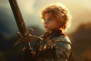 warrior child sword gaming fictional world photo