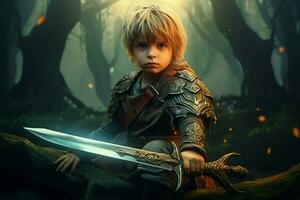 warrior child sword gaming fictional world photo