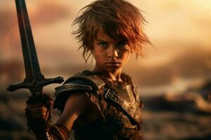 warrior child with sword gaming fictional world photo