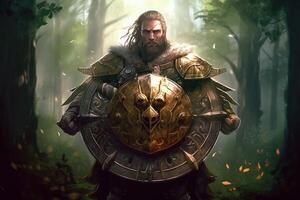 warrior man shield gaming fictional world photo