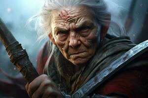 warrior old woman gaming fictional world photo