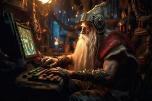 warrior senior man gaming fictional world photo