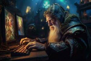 warrior senior man gaming fictional world photo