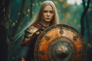 warrior woman with shield gaming fictional world photo