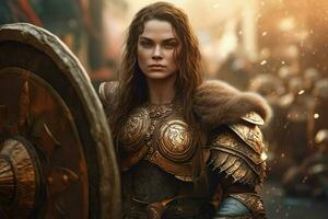 warrior woman with shield gaming fictional world photo