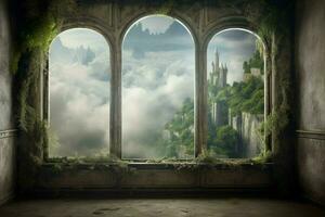 window in room with surreal and mystical view photo