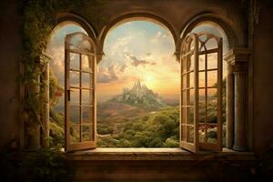 window with surreal and magical landscape view photo