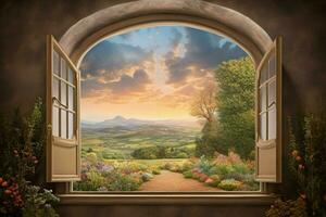 window with surreal and magical landscape view photo