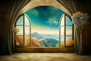 window with surreal and magical landscape view photo