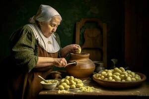 mujer haciendo machacado hogar patata foto
