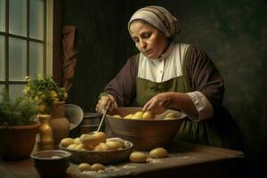 mujer haciendo machacado hogar patata foto