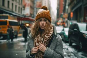 woman warm winter clothes in city photo