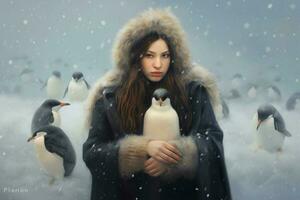 woman warm winter clothes with penguins photo