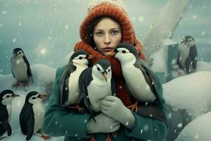 woman warm winter clothes with penguins photo