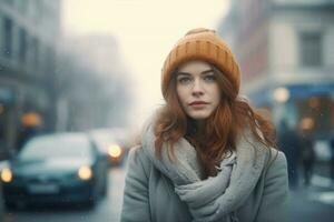 woman warm winter clothes in city photo