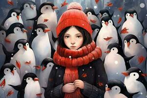 woman warm winter clothes with penguins photo