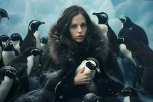 woman warm winter clothes with penguins photo