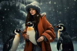 woman warm winter clothes with penguins photo