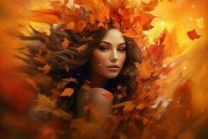 joven mujer resumen otoño belleza en naturaleza foto
