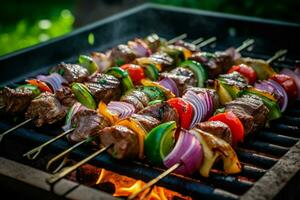 Marinated beef skewers paired with bell peppers photo