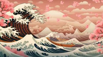 a background in abstract hokusai style featuring photo
