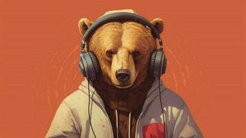 a bear with headphones and a hoodie photo