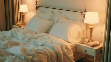 a bed with a white bed with a white pillow on it photo