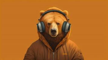 a bear with headphones and a hoodie photo