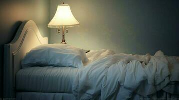 a bed with a white bed with a white pillow on it photo