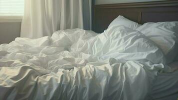 a bed with white sheets and a pillow on it photo