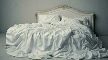 un cama con blanco hojas y un almohada en eso foto