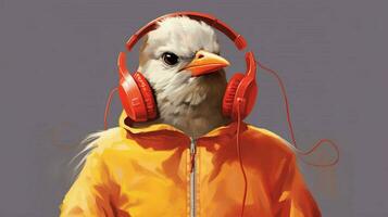 a bird with a headphones on and a shirt that says photo