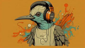 a bird with a headphones on and a shirt that says photo